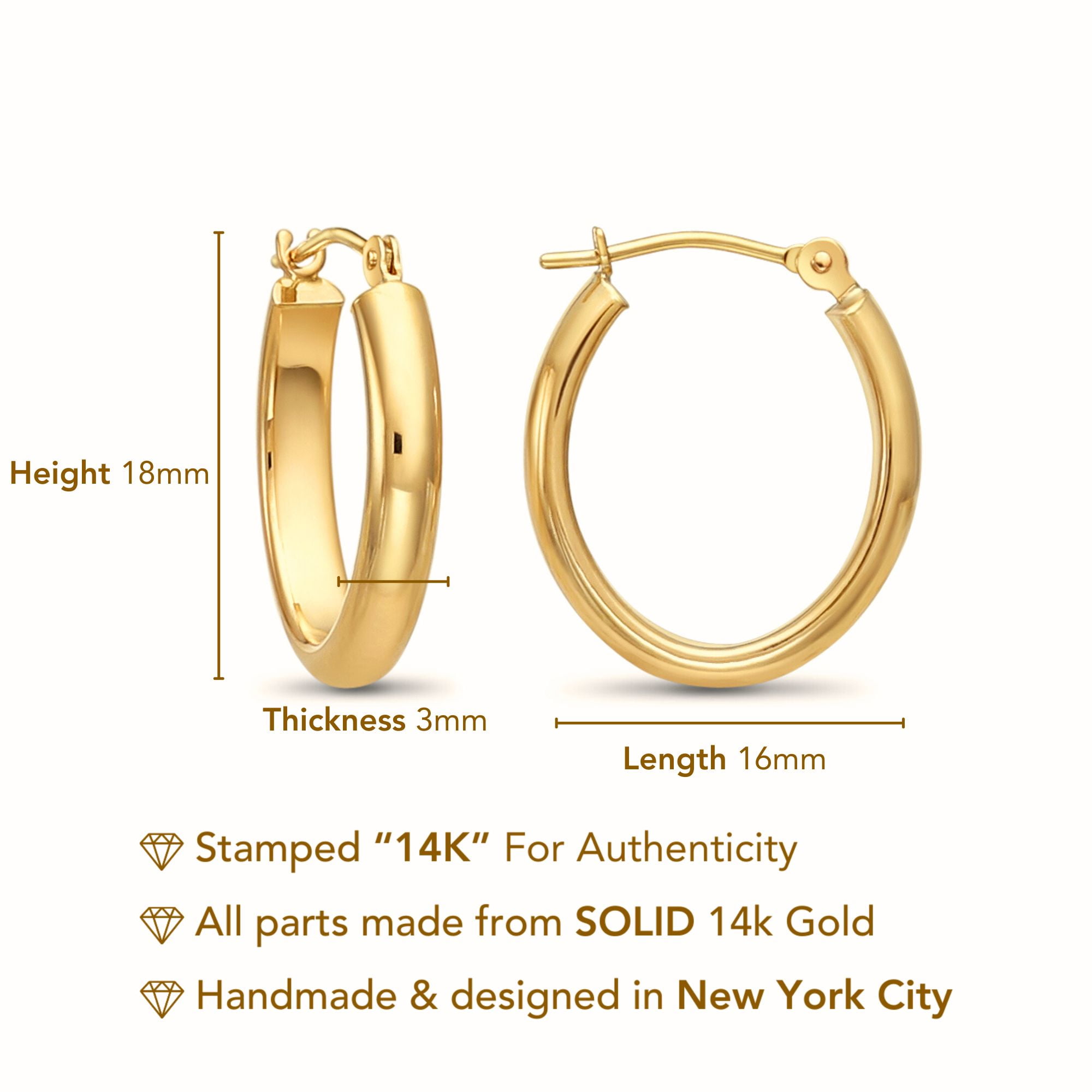 Tilo Jewelry 14K Yellow Gold Small Oval Gold Hoop Earrings (18mm - 0.71 Inch) for Women & Unisex