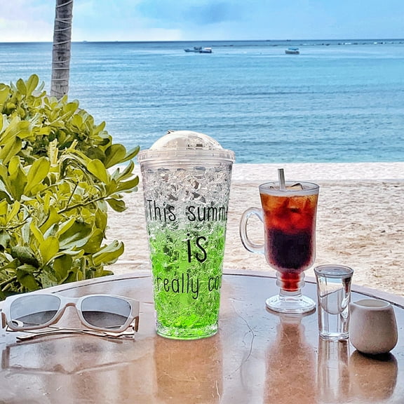HongHeng Icy Tumbler Acrylic Freezer Mugs Summer Durinking Tumblers Double Wall Icy Juice Cup with Hidden Straw Integrated Plastic Mug