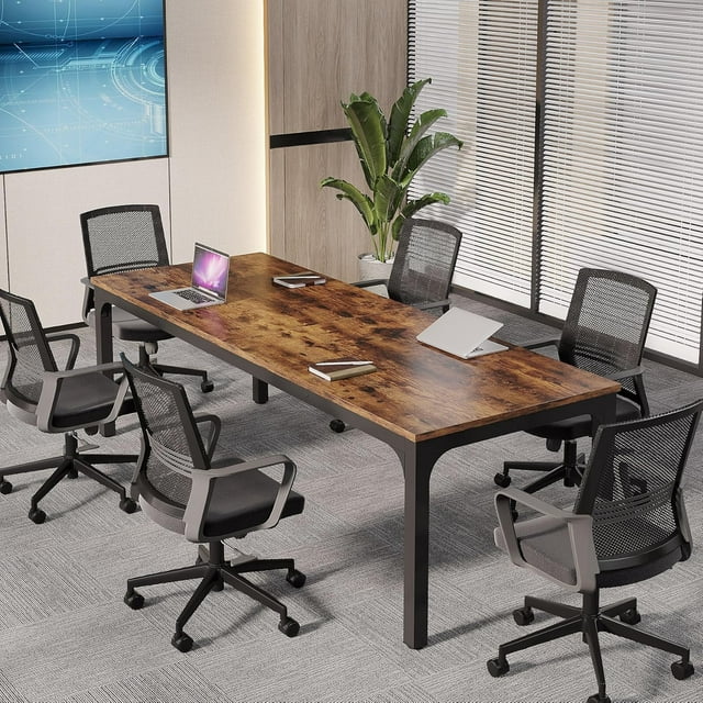 Tribesigns Grande Table de Conférence de 13 Pi, Table de Salle de Réunion Moderne 6,5 Pi x 2,3 Pi avec Cadre en Métal, 12 à 16 Places, Brun Rustique