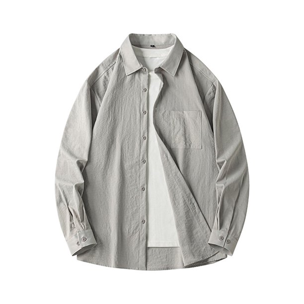 pstuiky Camisas de manga larga de invierno para hombre, Ropa de trabajo holgada de color liso para hombre, con solapa suelta y manga larga Tops casuales para hombres l