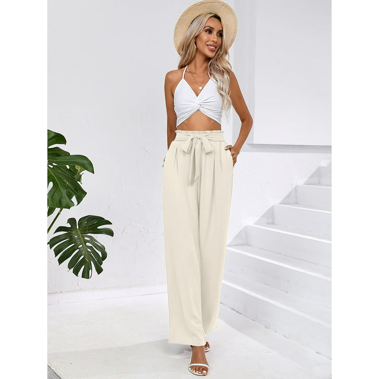 Chiclily Women Wide Leg Pants with Pockets High Waist Loose Belt Flowy  Casual Trousers, US Size Small in Ivory