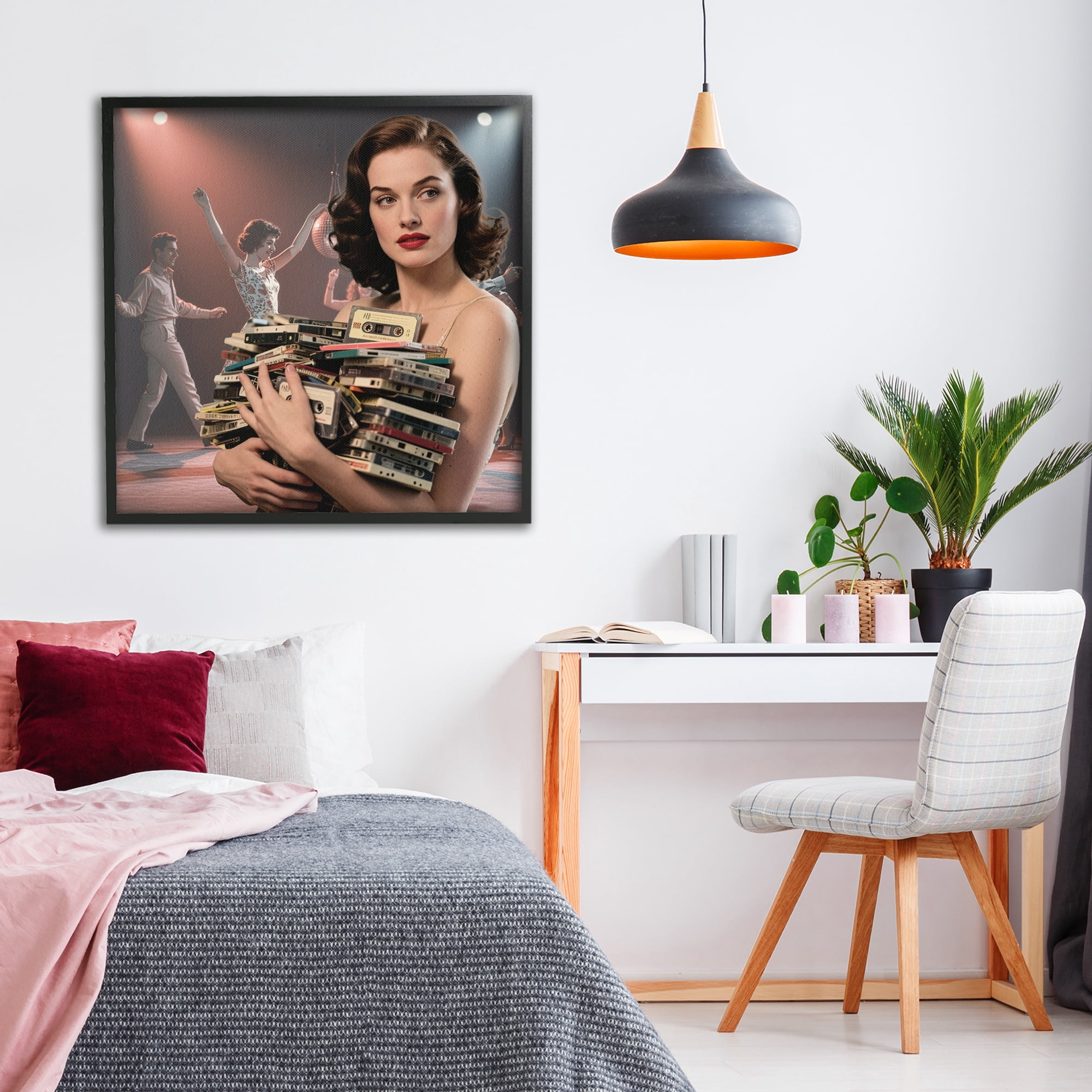 Stupell Industries Woman Holding Vintage Cassette Collection Black Framed Giclee Art, design by CAD Designs