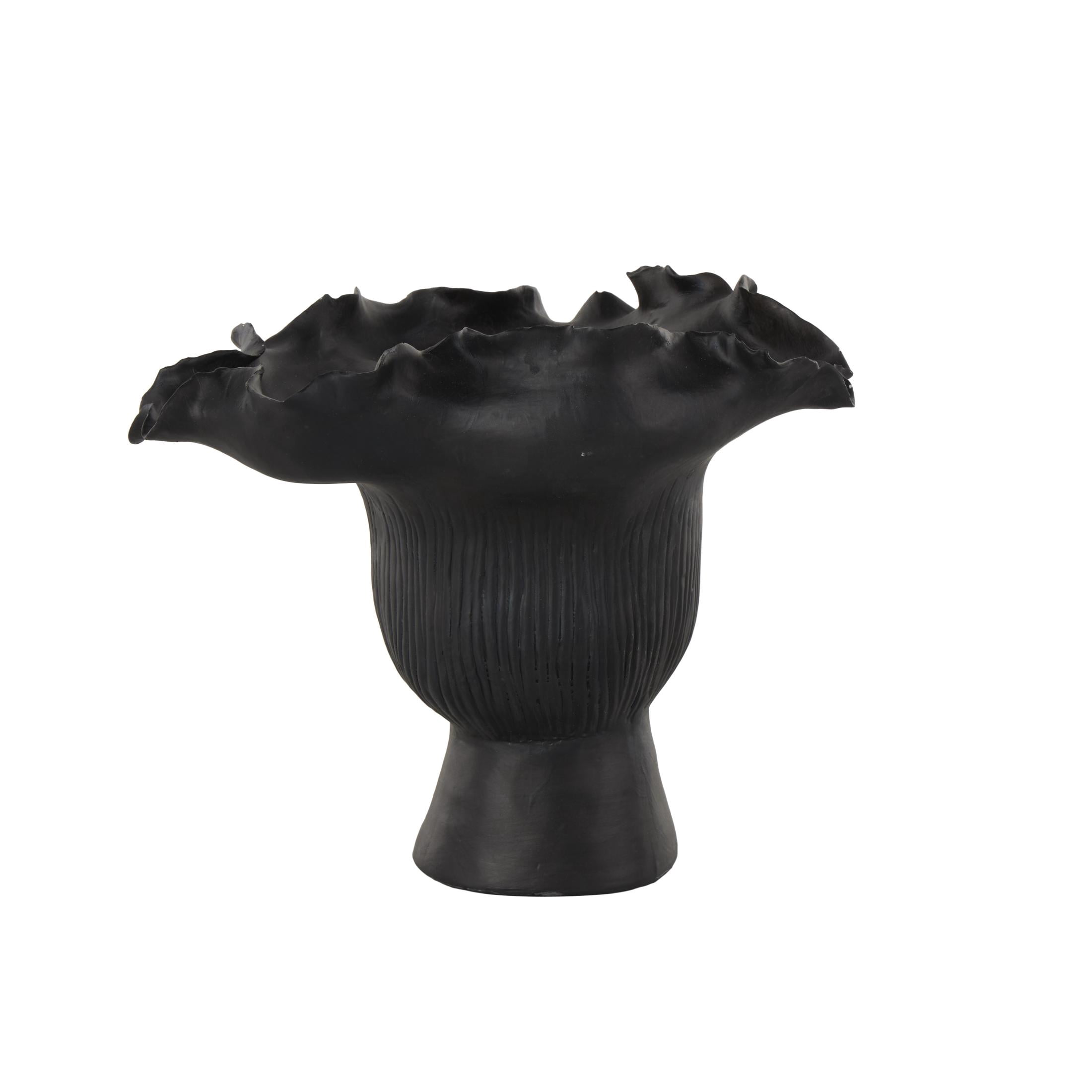 DecMode 8" Abstract Floral Inspired Black Ceramic Vase with Wavy Folded Rim and Linear Grooves