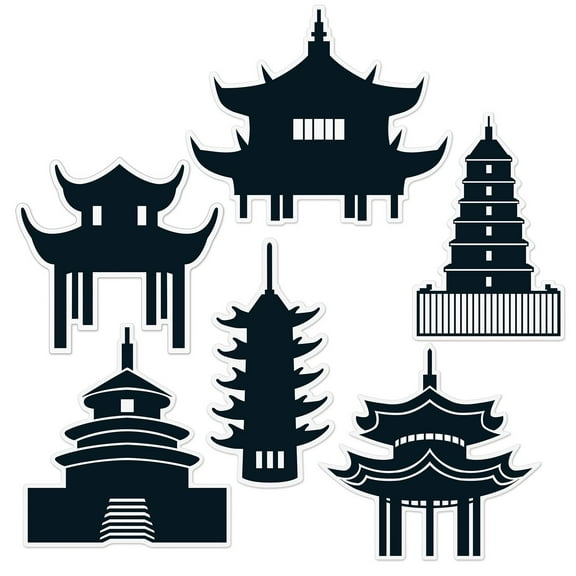 Party Central Club Pack of 12 Black Traditional Asian Pagoda Silhouette Wall Cutouts Decors 14.5"