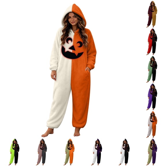 DHFJKG Halloween Pumpkin Onesie Pajamas For Women Fluffy Sleepwear Spooky Season Loungewear