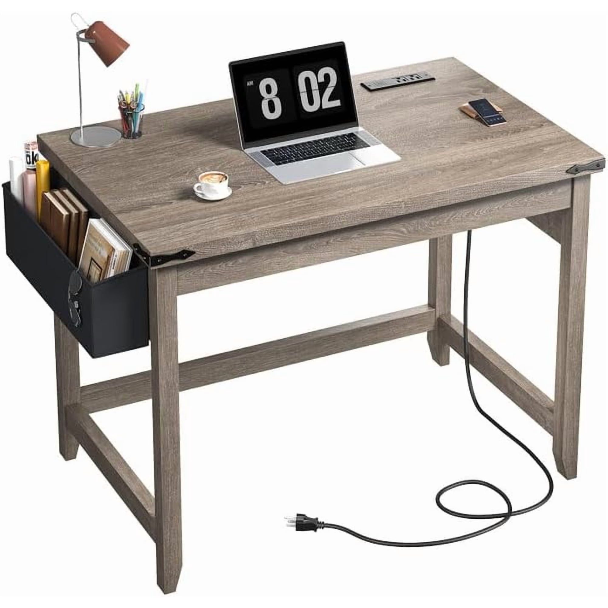 WSWJY 32"Farmhouse Writing Desk with Power Outlet,Storage Bag for Bedroom