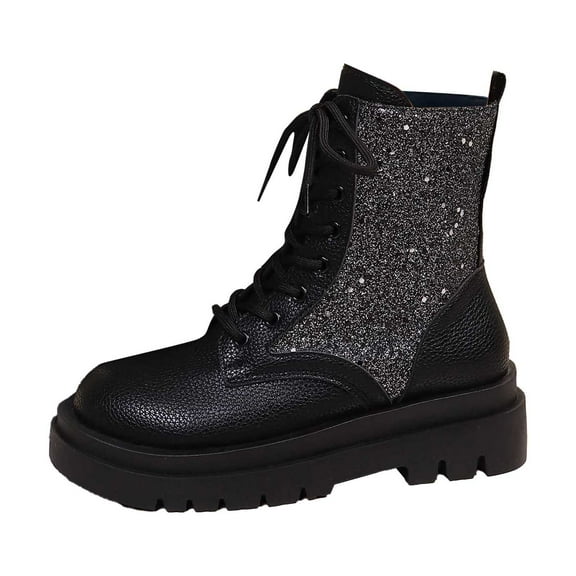 Women's Ankle Boots Stylish Ankle Boots With Round Toe Sequin Patchwork Lace Up Design Thick Sole And Heels For Fashion Forward Outfits