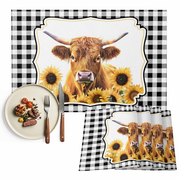 Placemats Set of 6, Sunflower Yak Place Mats Cow Farm Animal Black Buffalo Plaid Tablemats Washable Placemat Table Decoration for Kitchen Table Dinner Party Home Decor Indoor Outdoor 13x19 Inch