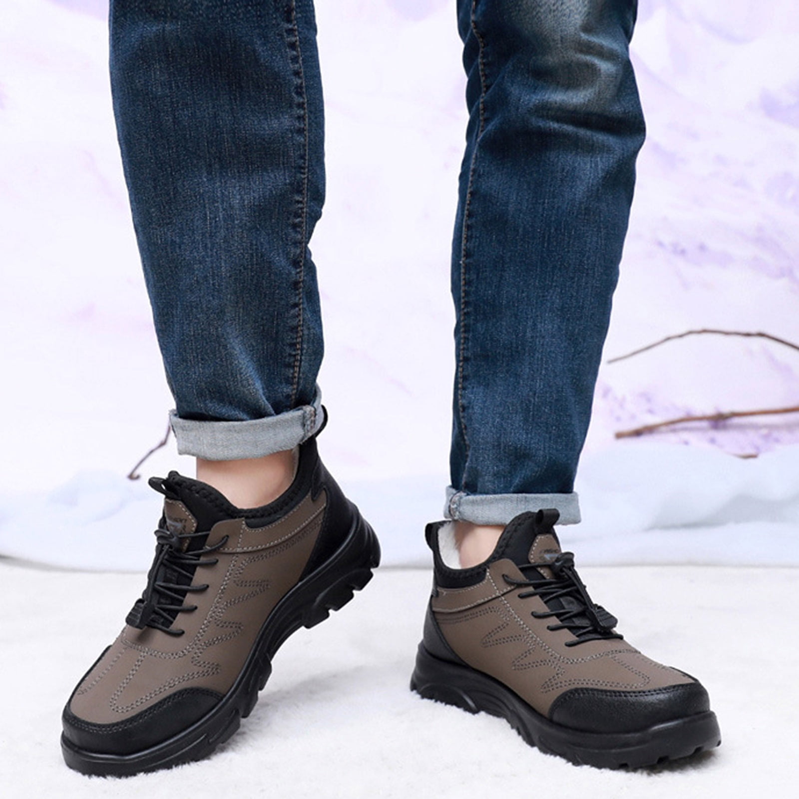 Snow Boots for Men Thickened Warm Comfy Furry Lined Winter Hiking Shoes Adjustable Strappy Fashion Waterproof Leather Outdoor Sneakers Coffee Size 9