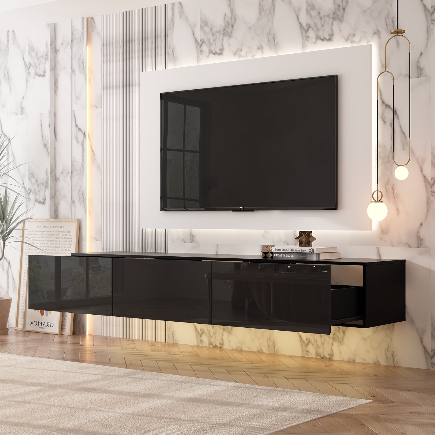 OXYLIFE Floating LED TV Stand Wall Mounted Entertainment Center with Drawers and LED Light, Black