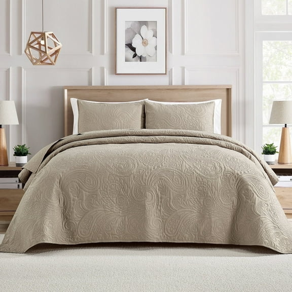 Bourina Modern Floral 3-Piece Quilt Set Queen,Beige,Lightweight & Comfortable,Perfect for All Seasons