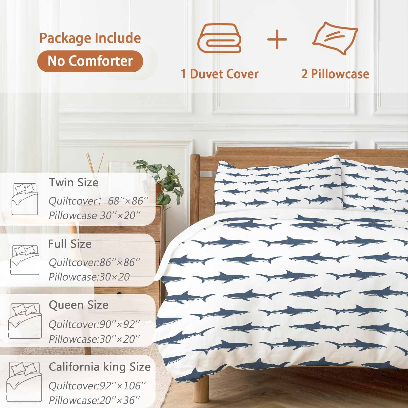 Blue Coastal Shark Bedding 3 Piece Duvet Cover Set Twin Size, Ocean Sea Nautical Soft Microfiber Comforter Cover with Zipper Closure & Pillowcases, Wrinkle & FadeResistant Quilt Cover