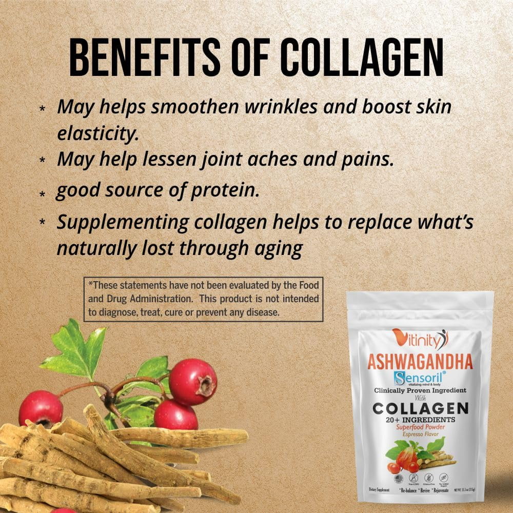 VITINITY SUPER FOOD COLLAGEN ( MULTI BLEND) POWDER WITH CLINICALLY PROVEN SENSORIL® (ASHWAGANDHA) FOR ADULTS (30 DAY SUPPLY)