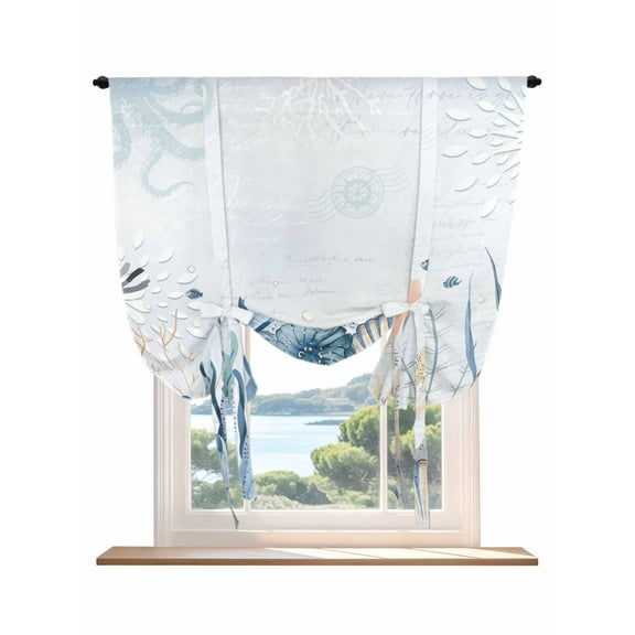 Ocean Blue Coral Tie Up Curtains for Windows 45 Inch Length Balloon Curtains Kitchen Adjustable Balloon Window Shade Summer Coastal Starfish Flower Tie Up Valance Bathroom Curtain Window 34"x45"