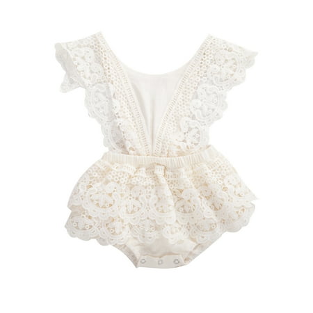 

Binpure Baby Girls Fly Sleeve Solid Cotton Lace Bodysuits Hollow Out Sleeveless Playsuits 0-24M