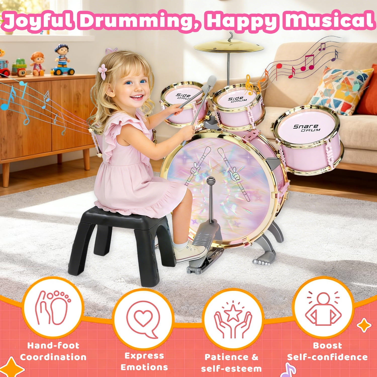 Aijohnny Toddler Light Jazz Drum Set, Musical Kid Drum Set with Stool, Pedal & Drumsticks, Birthday Gifts for Kids 1-3 3-5 5-8 Years Old