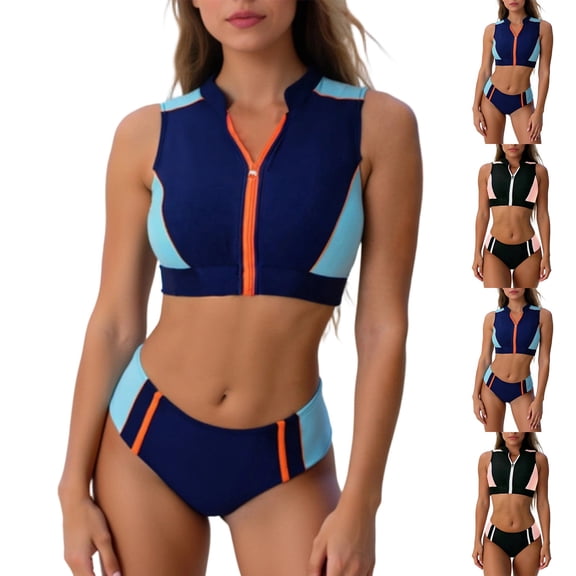 FNFYFH Women's Two Piece Sports Bikini Set Athletic Zip Front Swimsuit Crop Top and Shorts Swimwear Bathing Suit