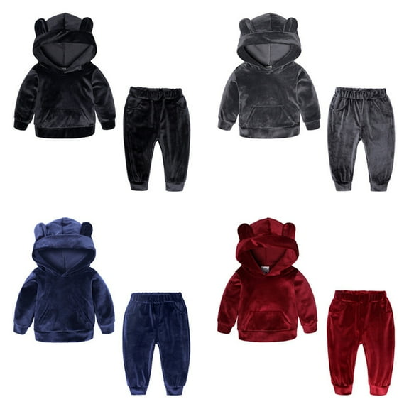 Godderr Kids Baby Velour Tracksuits Outfits for Boys Girls 9M-8Y Ears Hooded Winter Sweatsuits Set with Pockets Casual Workout Jogging Sets 2PCS