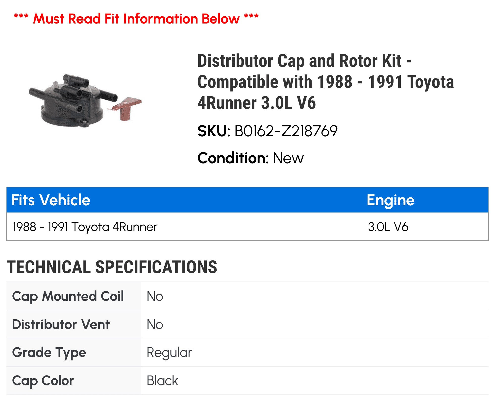 Distributor Cap and Rotor Kit - Compatible with 1988 - 1991 Toyota 4Runner 3.0L V6 1989 1990