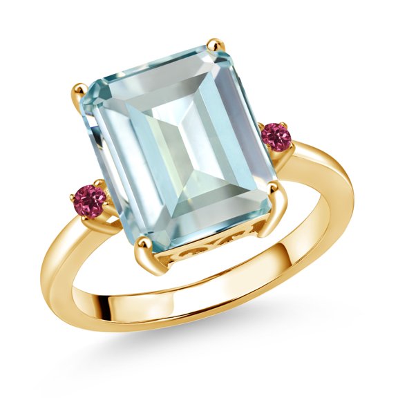 Gem Stone King 18K Yellow Gold Plated Silver 12X10MM Sky Blue Simulated Aquamarine and 2MM Pink Tourmaline 3 Stone Engagement Ring for Women | 5.47 Cttw | Gemstone March Birthstone | Size 6