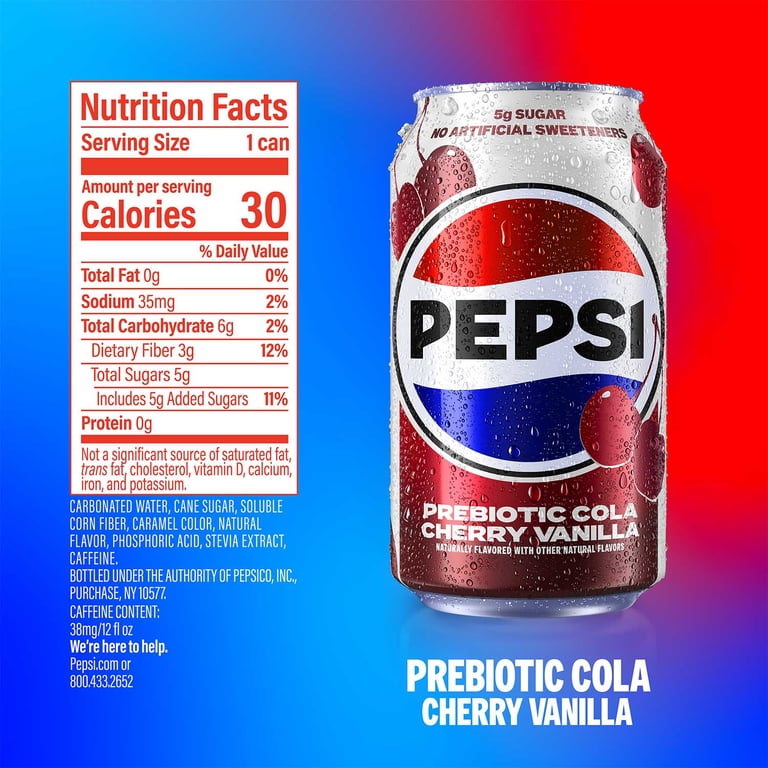 Pepsi Prebiotic Cola Soda Pop, Cherry Vanilla, 12 fl oz, 8 pack