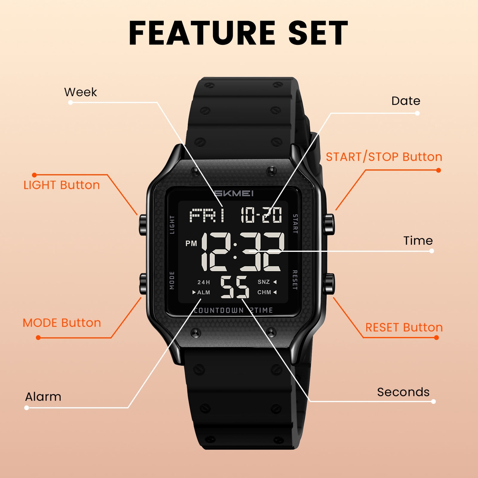 SKMEI Watches for Women Outdoor Sport Digital Watch Waterproof Chronograph Womens Wristwatch with Alarm/Back Light/Dual Time