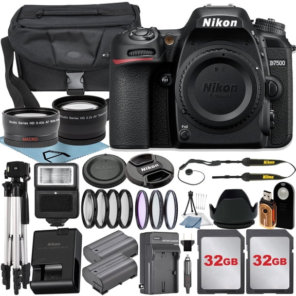 Nikon D7500 DSLR Camera (Body Only) with 2pcs 32GB Memory Card   Case   Tripod   Wideangle   Telephoto   A-Cell Accessory Bundle