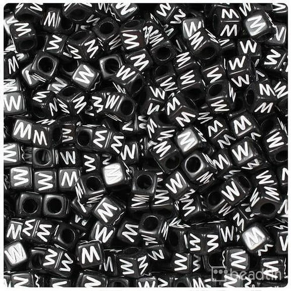 BeadTin Black Opaque 6mm Cube Alpha Beads - White Letter W (80pcs)