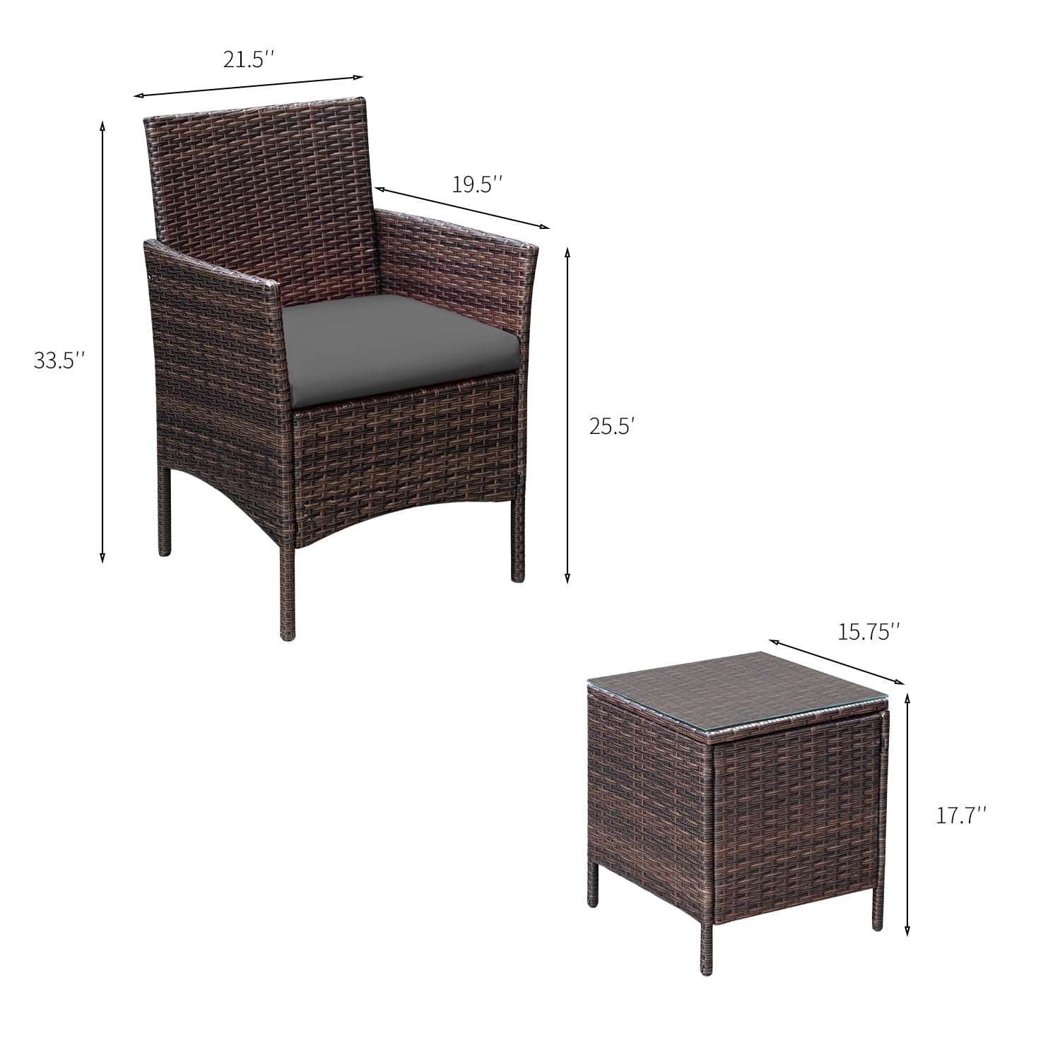 Devoko 3 Pieces Patio Furniture Set Outdoor Conversation Set Wicker Bistro Chairs Set of 2 with Coffee Table for Porch Backyard Balcony,, Brown/Gray