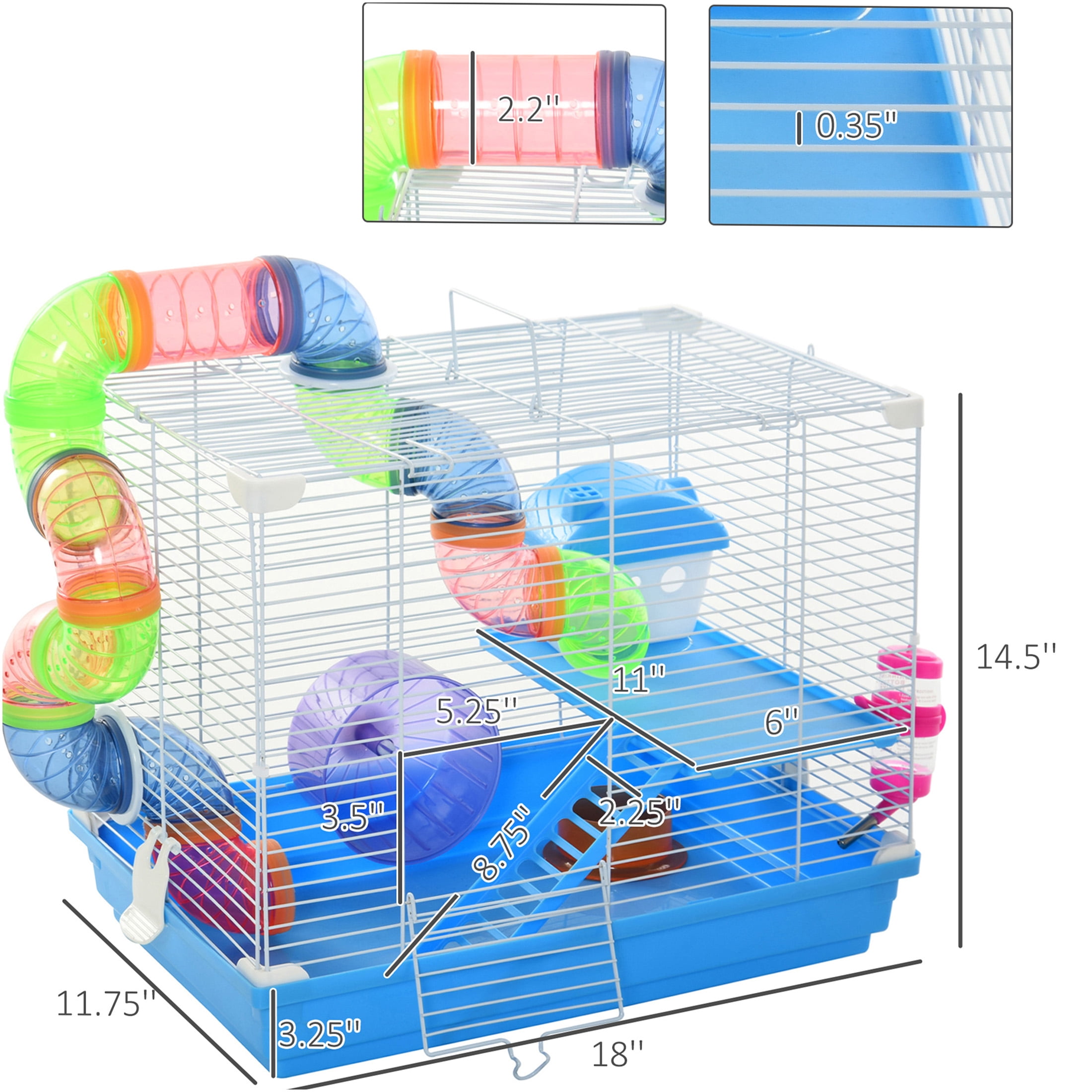 JERFIT 2-Level Metal Hamster Cage with Wheel, Water Bottle & Tubes - Blue Pet Habitat for Dwarf Hamsters, Mice & Gerbils