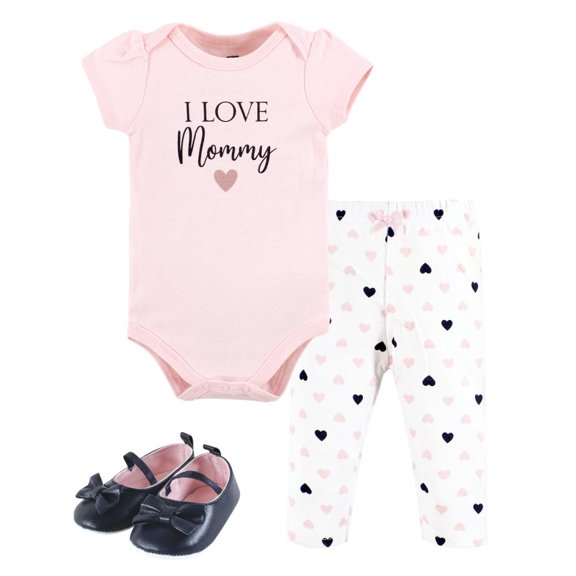 Hudson Baby Infant Girl Cotton Bodysuit, Pant and Shoe Set, Girl Mommy Pink Navy, 0-3 Months