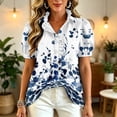 thumbnail image 5 of Boho Patchwork Print Blouse for Women, V-Neck Short Sleeve Button Down Top with Puff Sleeves - Colorful Casual Summer Tunic Shirt for Vacation & Beach Blue M, 5 of 6
