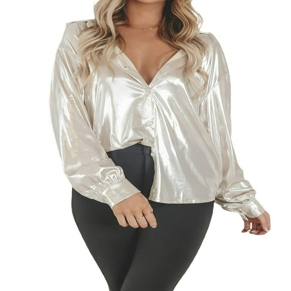 Women‘s Shiny Leather Shirt Long Sleeve Turn Down Collar Button Down Loose Metallic Blouse