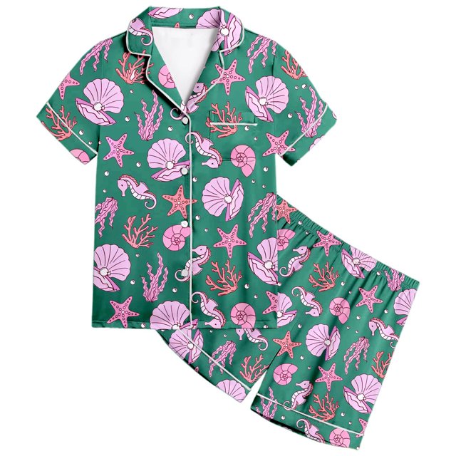 Ensemble de Pyjama en Satin pour Filles, Tenue d'Intérieur Classique à Boutons avec Haut à Manches Courtes Confortable et Shorts Doux