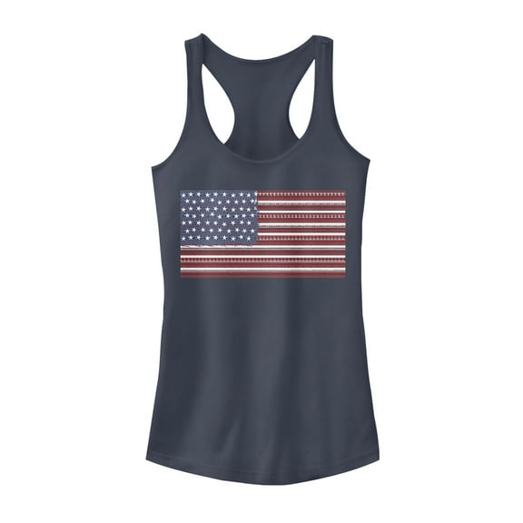 Junior's Lost Gods Fourth of July Ornate American Flag Racerback Tank Top Indigo X Small
