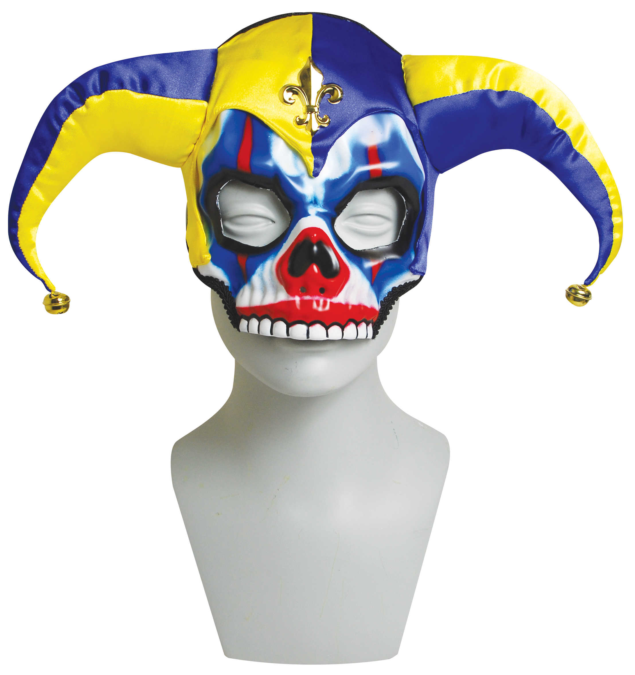 Mardi Gras Jester Joker Clown Skull Half Mask With Hat Bells Halloween