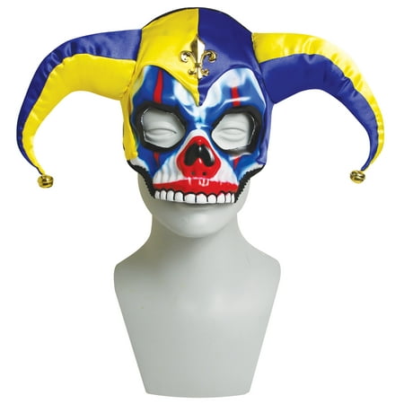Mardi Gras Jester Joker Clown Skull Half Mask With Hat Bells Halloween Costume