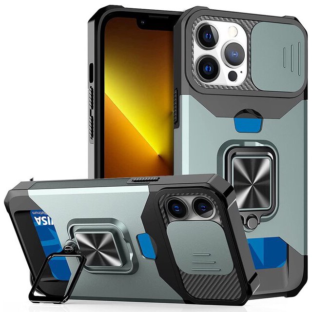 Funda para iPhone 14 Pro Max 13 12 Pro Max 8 7 Plus Mini SE, protección resistente con cubierta de cámara deslizante y cubierta con Clip para tarjeta Fivean unisex