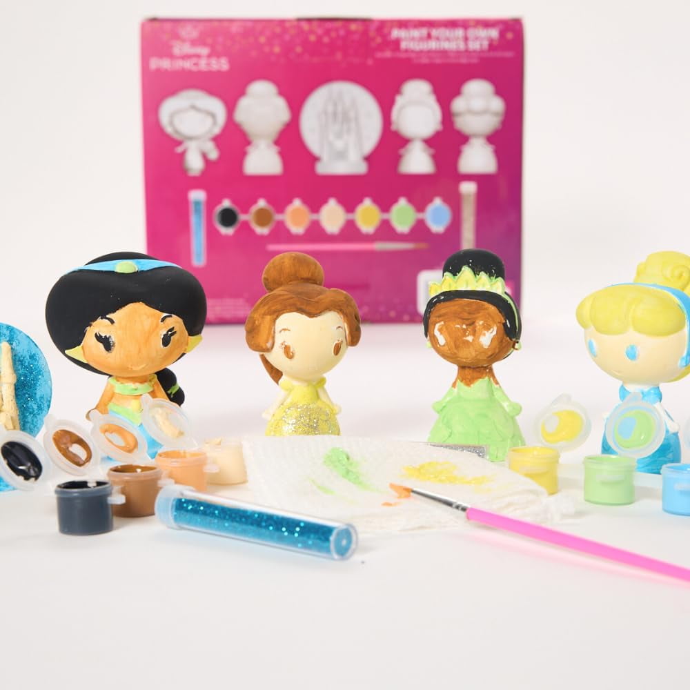 Disney Princess DIY Paint Your Own Figurines Arts and Crafts Set for Girls, Paint, Paint Brush, and Glitter – Cinderella, Belle, Tiana, Jasmine, and Princess Castle