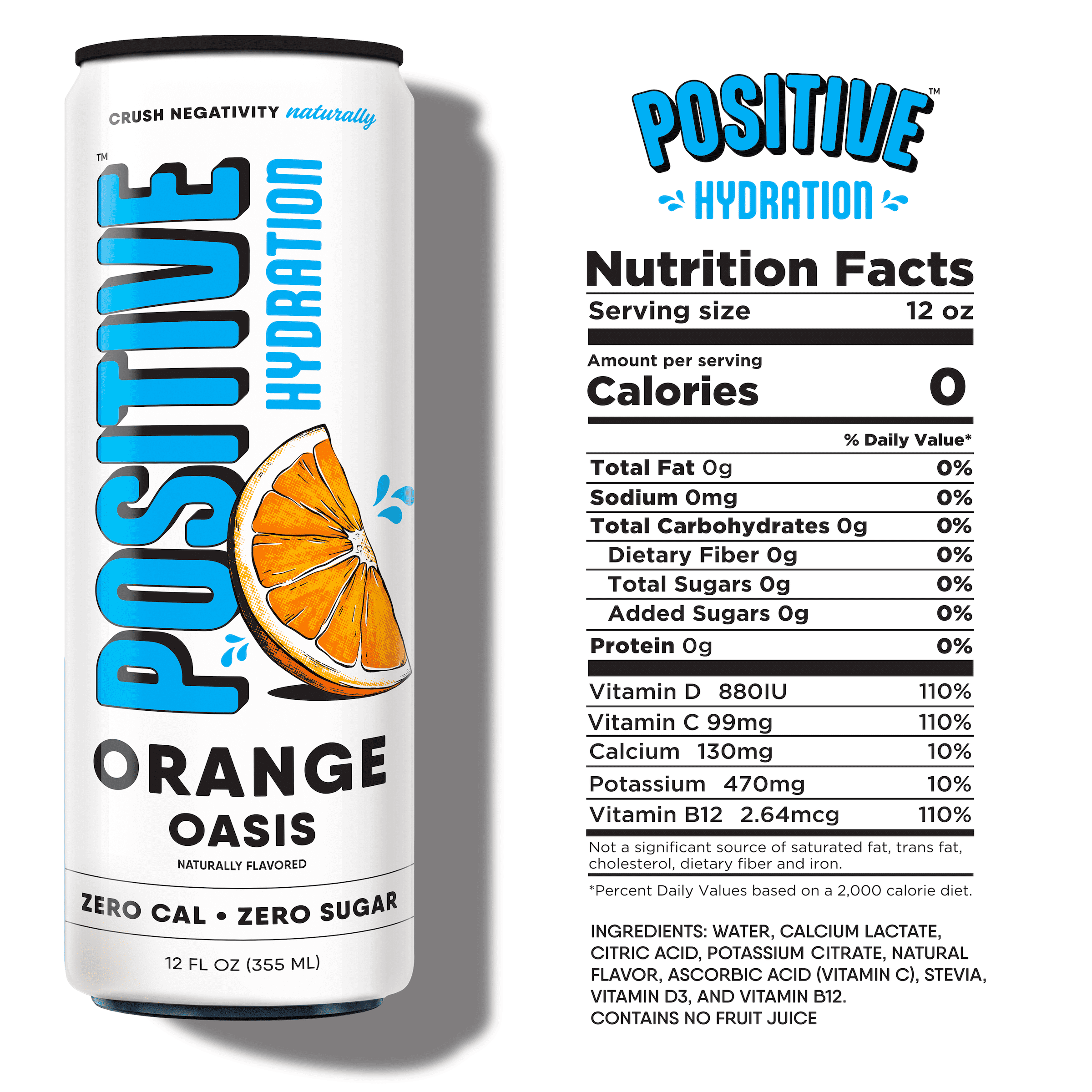 Positive Hydration Orange Oasis | 12-oz Cans (12-Pack) | Zero-Calorie Electrolyte Drink with Essential Vitamins, Calcium, and Hydration Support