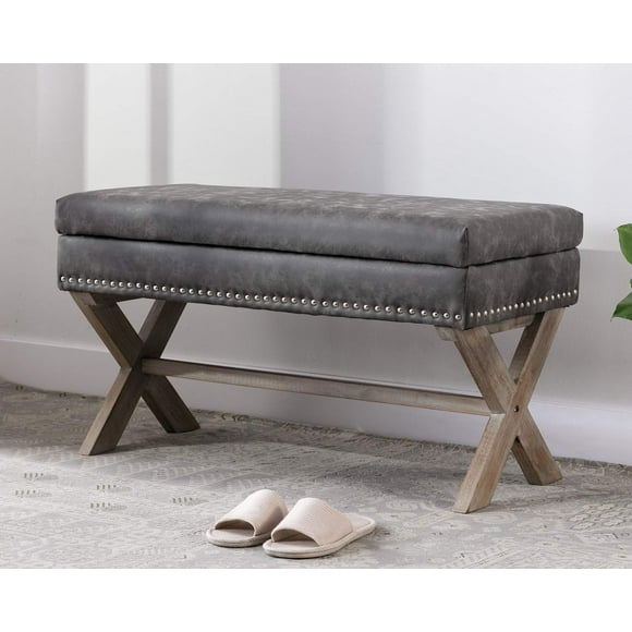 chairus PU Leather Upholstered Storage Entryway Bench, 36 inch Bedroom Bench Seat with X-Shaped Wood Legs for Living Room, Foyer or Hallway - Gray