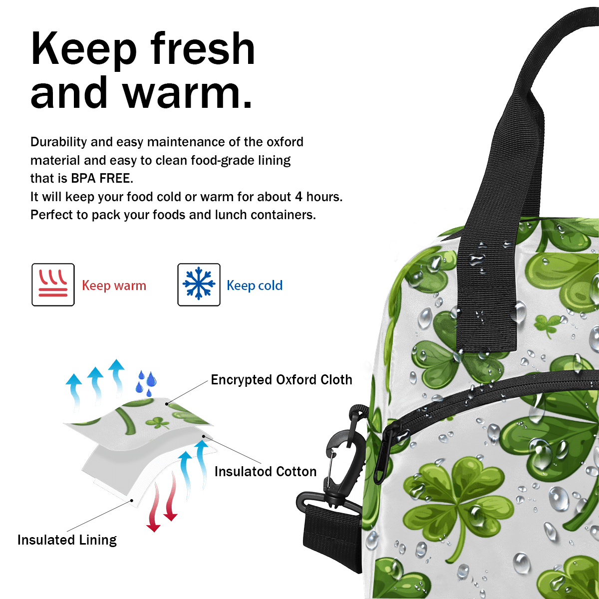 Herdesigns Clover Insulated Lunch Bag for Women Men Adults Large Reusable Lunch Box St Patrick's Day Shamrock Leakproof Cooler Tote Bags with Adjustable Shoulder Strap