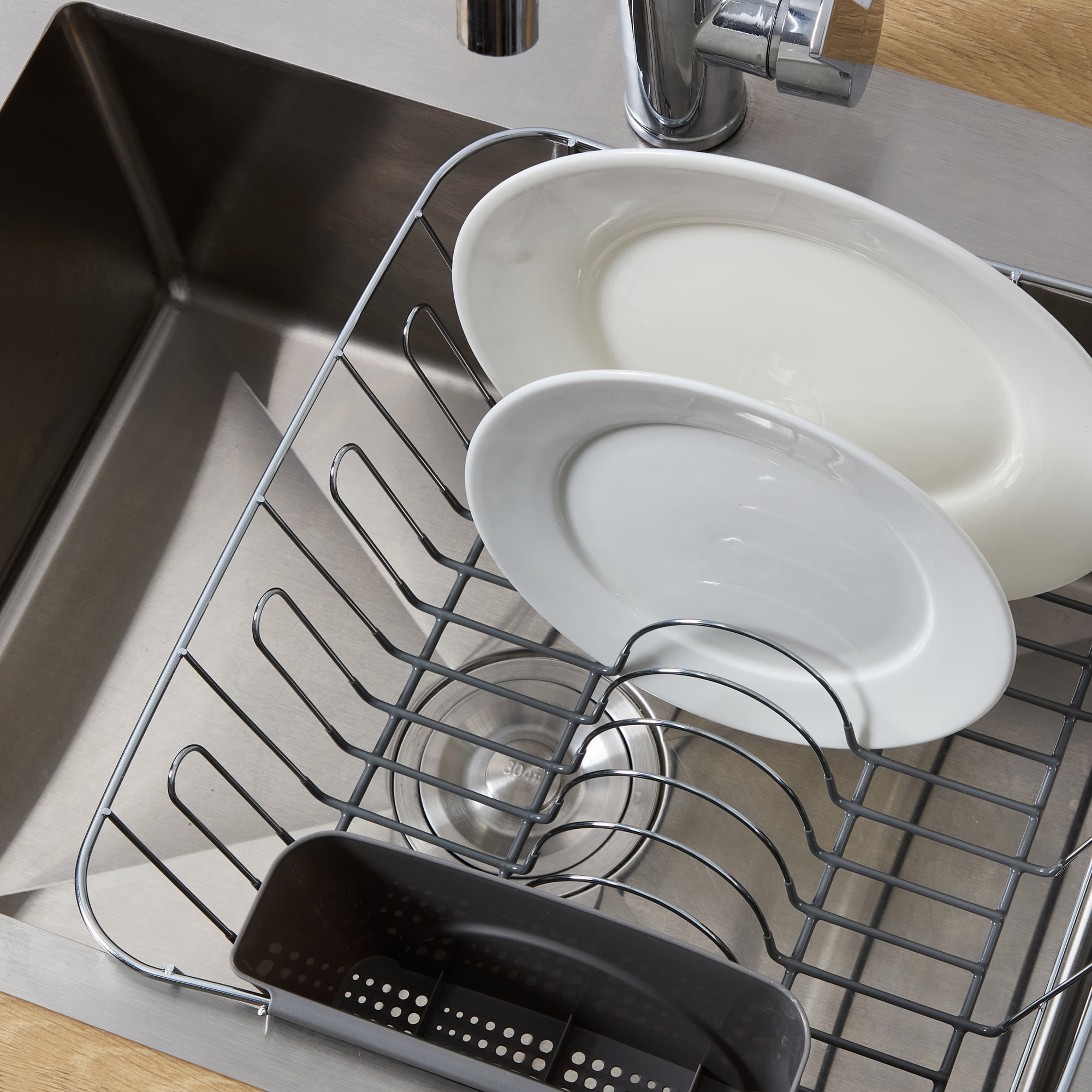 2 Piece Chrome Plated Steel Small Compact Dish Drainer, Grey