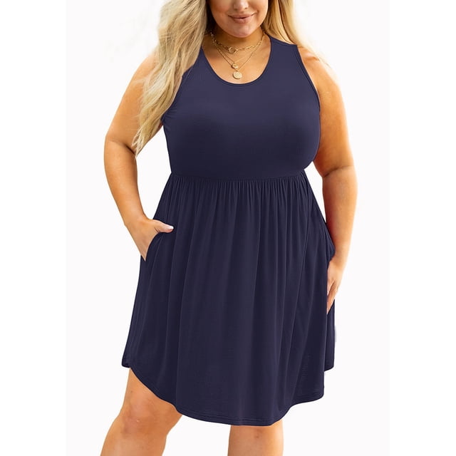 MODERN GOOSE Robe d'Été Grande Taille pour Femmes Bleu Marine 4X Décontractée Sans Manches Col Rond Fluide Plissée Longueur Genou Plage Bohème Élégante Babydoll avec Poches
