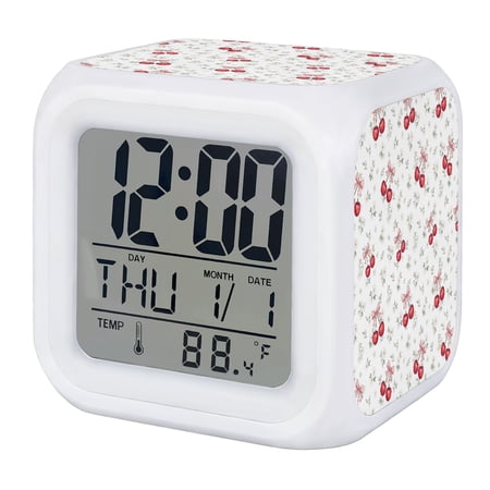 Red Cherry Digital Alarm Clock for Bedrooms, Smart LED Alarm Clock with 7 Color Changing Night Light, Farmhouse Art Watercolor Fruits Silent Wake Up Clocks for Sleep Study Cooking 3.2x3.2
