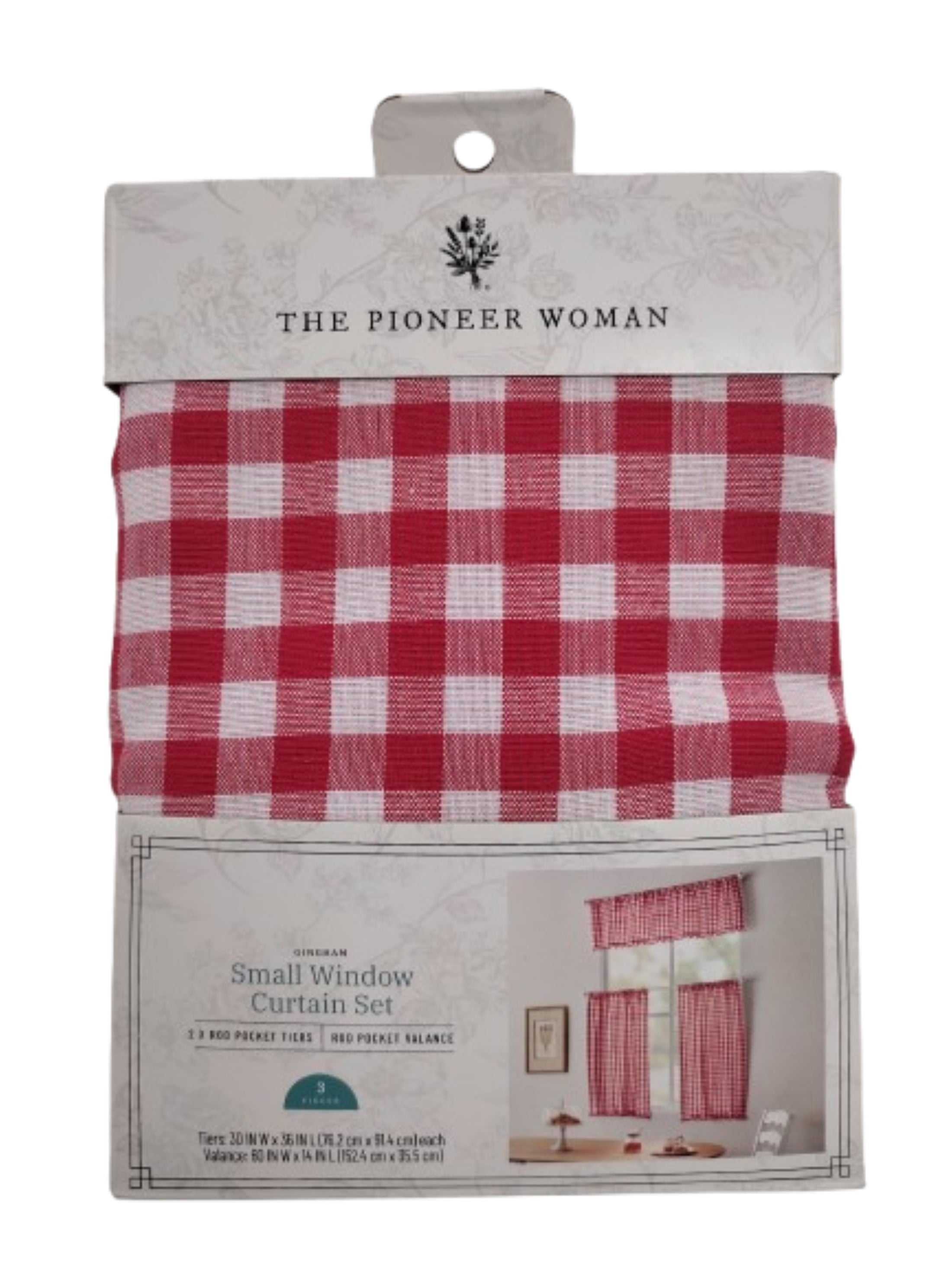 The Pioneer Woman Gingham 3 Piece Tier Set Red, Recycled Polyester BCI Cotton, 60"W x 14"L, Indoor Curtain, Adult