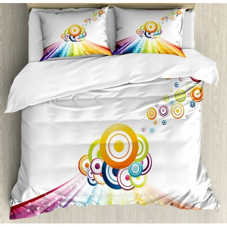 Vintage Rainbow King Size Duvet Cover Set, Colorful Stripes Wave and Bullseye Circles Pattern with Stars Illustration, Decorative 3 Piece Bedding Set with 2 Pillow Shams, Multicolor, by Ambesonne