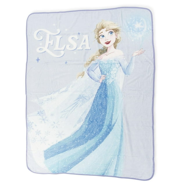 Plush fleece throw blanket for kids featuring Elsa from Frozen wearing a sparkling blue gown with snowflakes and her name printed on the fabric.