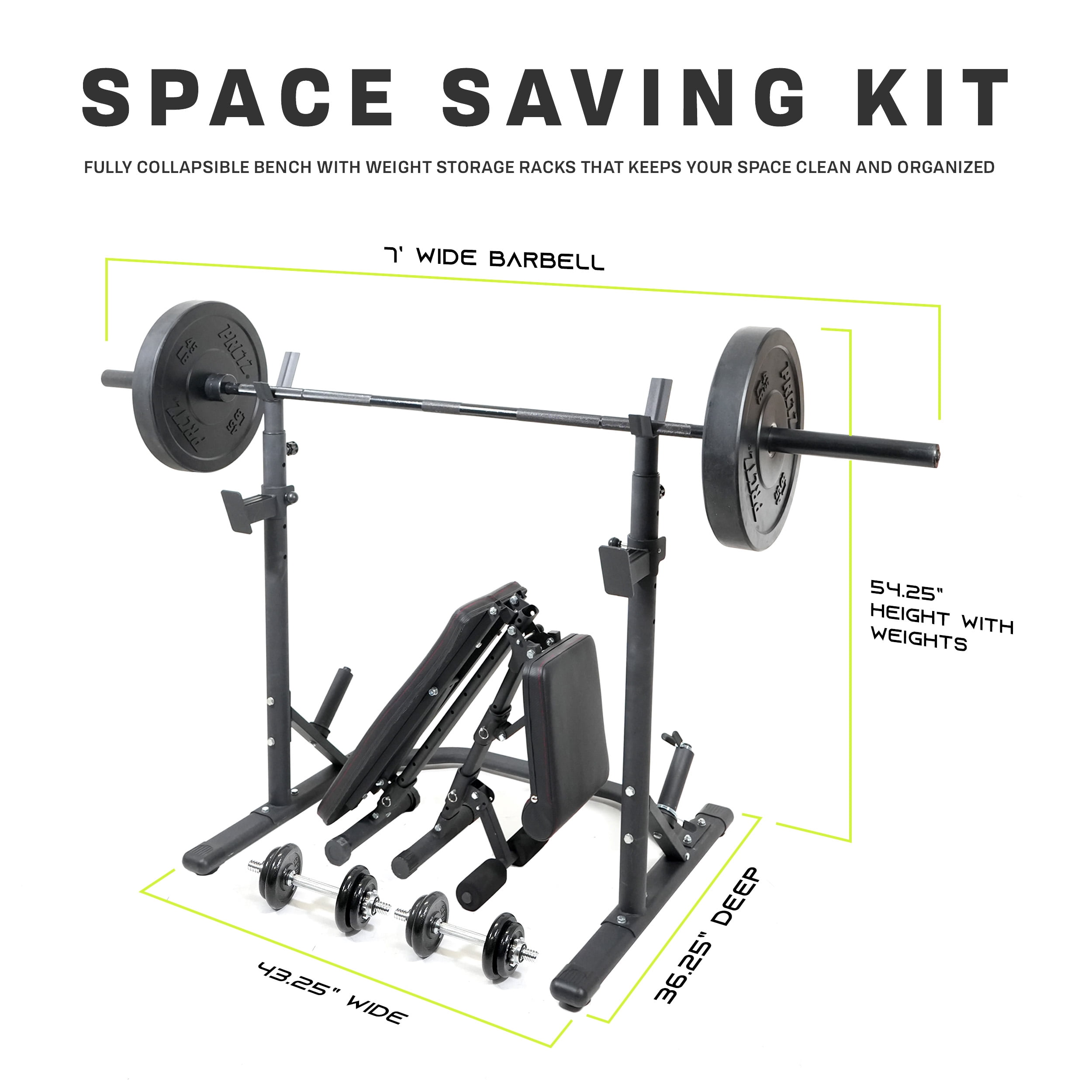 PRCTZ SP2 Homegym Bundle, Includes Two-Piece Olympic Weight Bench with Squat Rack, 7ft Olympic Barbell, 45lb Rubber Bumper Plates Set, 40lb cast-ron Adjustable Dumbbell