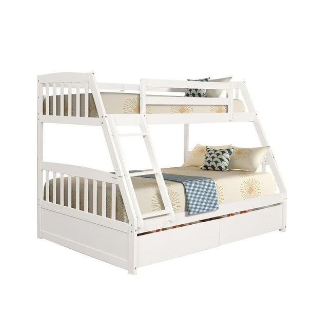 Twin Over Full Size Bunk Bed with 2 Drawers Removable Ladders and Space